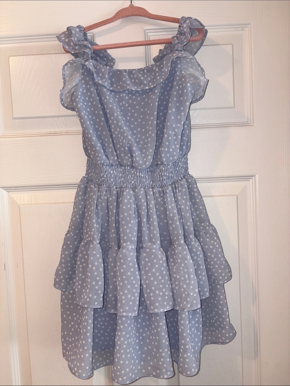 Rare Editions Light Blue Polka Dot Ruffle Dress